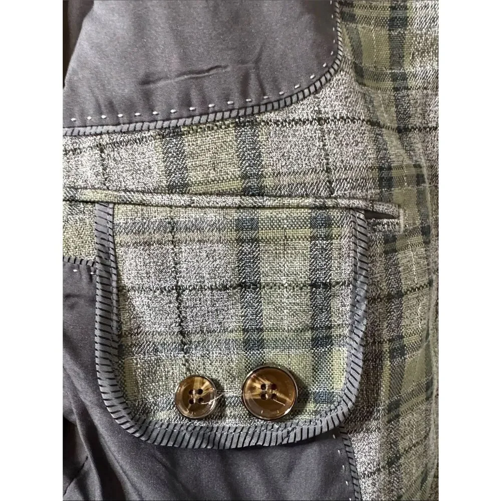 Mens Green Plaid Blazer Two-Button Sport Suit Jacket Coat Peak Lapel Size 40 NWT